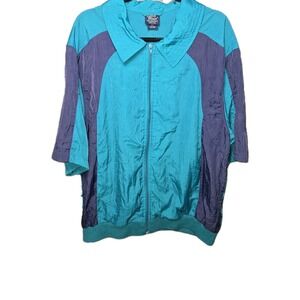 John Blair Shirt XL Colorblock Blue Banded Bottom Short Sleeve Zip Jacket 80s